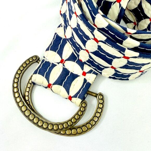 J. Crew Blue Red White Geometric Floral 100% Cotton Slide Buckle Fabric Belt - Picture 2 of 14